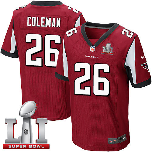 Nike Falcons #26 Tevin Coleman Red Team Color Super Bowl LI 51 Men's Stitched NFL Elite Jersey - Click Image to Close